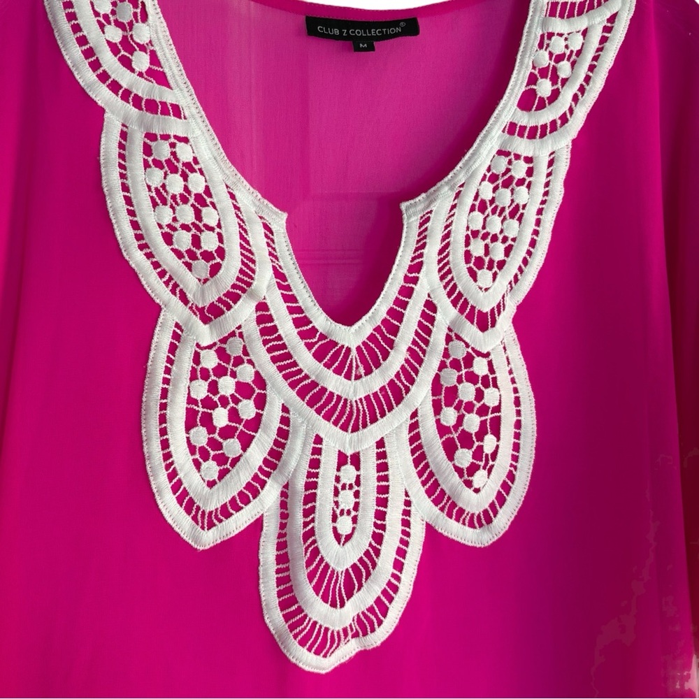 CLUB Z COLLECTION Hot Pink Sheer Kaftan/Swim Cover Up w/ Poms --Flaw - Picture 9 of 12